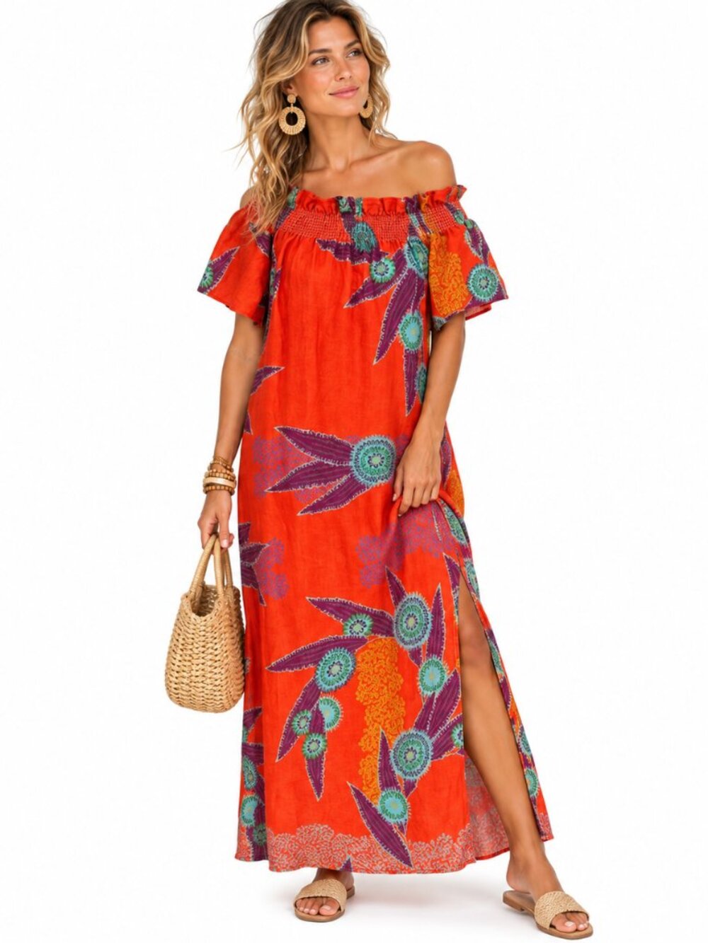 Marie Oliver Linen Maxi Dress S Orange Smocked Floral Slit Boho Tropical Resort